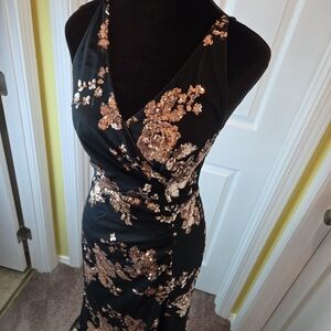 Stunning Black and Rose Gold Sequin Maxi Dress w/ Open Back & Slit